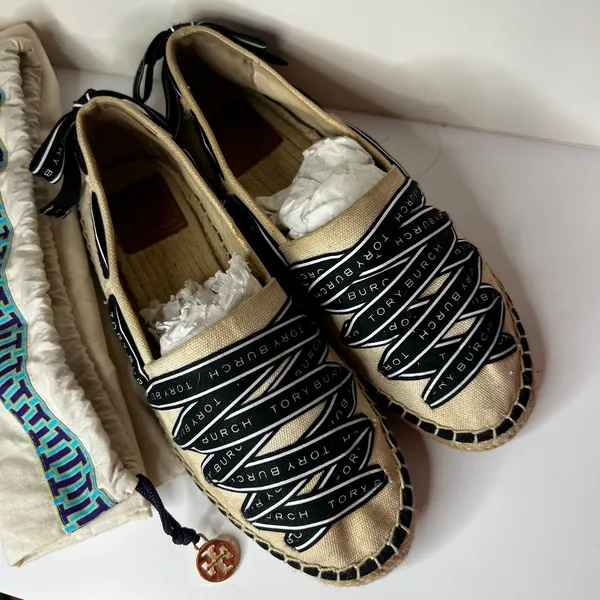 Tory Burch Ribbon Logo Grosgrain Espadrilles Flats cream canvas black ribbon 9 - Image 2