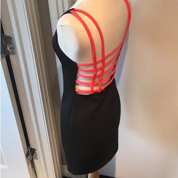 Mimi Chica Neon Pink Caged Back Black Bodycon Dress - Image 3