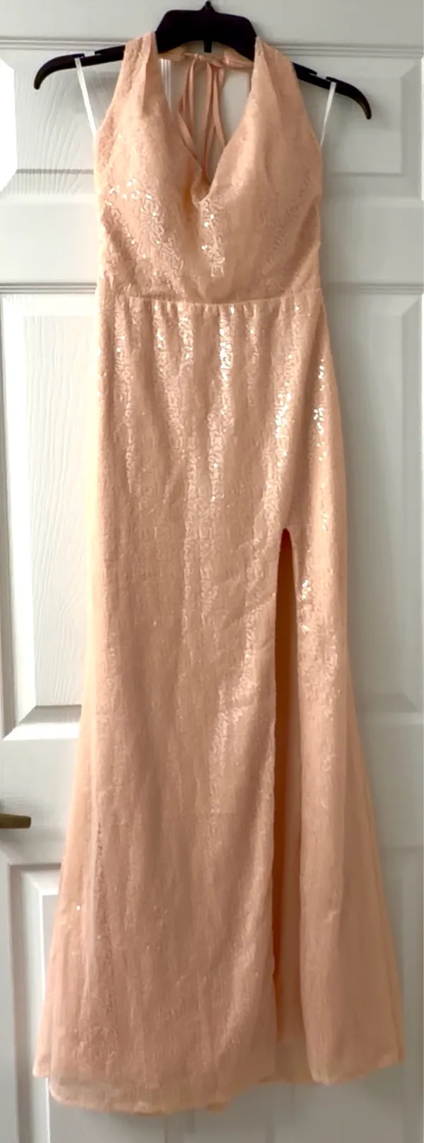 Class & Fashion Elegant Blush Sequin Dress. Side Slit Corset Back S/M - Image 2