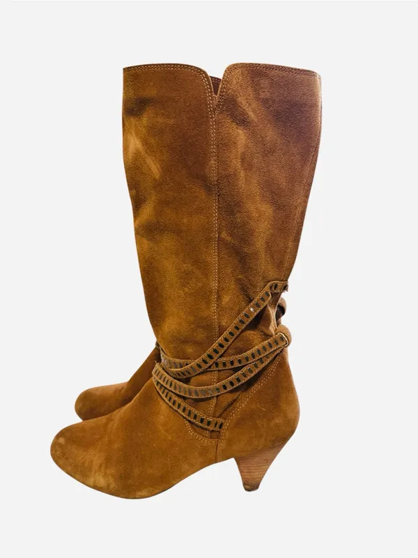 EXPRESS Suede Studded Strappy Cone Heel Boots Brown Sz 10 90’s, Y2K, Carmel - Image 4