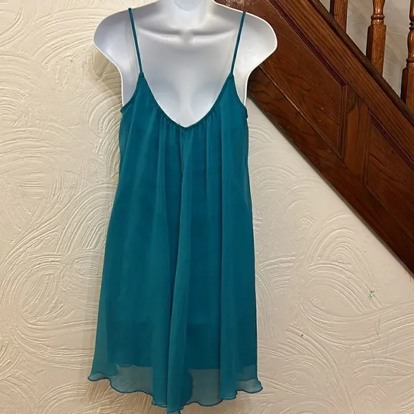 Express Babydoll Dress Womens Teal Blue Sequin Beaded V-Neck‎ Chiffon Small - Image 4