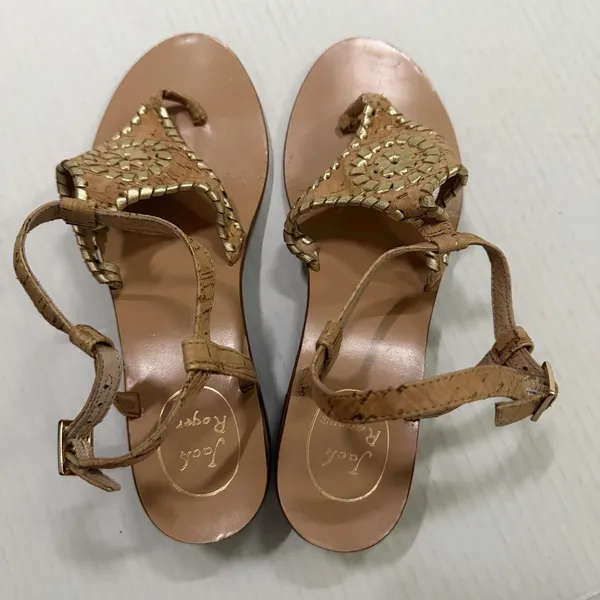Jack Rogers Shoes Womens Size 9 Beige Cork Thong Sandals Medallion Block Heel - Image 6