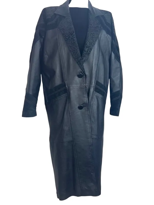 VTG 80s Black Leather Long Trench Duster Coat M Intricate Burnout Suede - Image 2