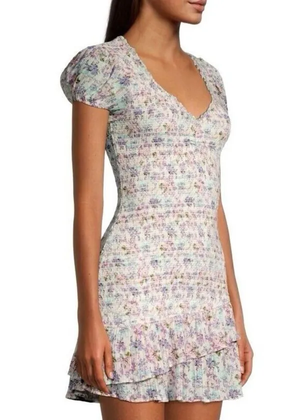 LOVESHACKFANCY Floral Smocked Mini Dress Puff Sleeve Asymmetric Ruffle Coquette - Image 2