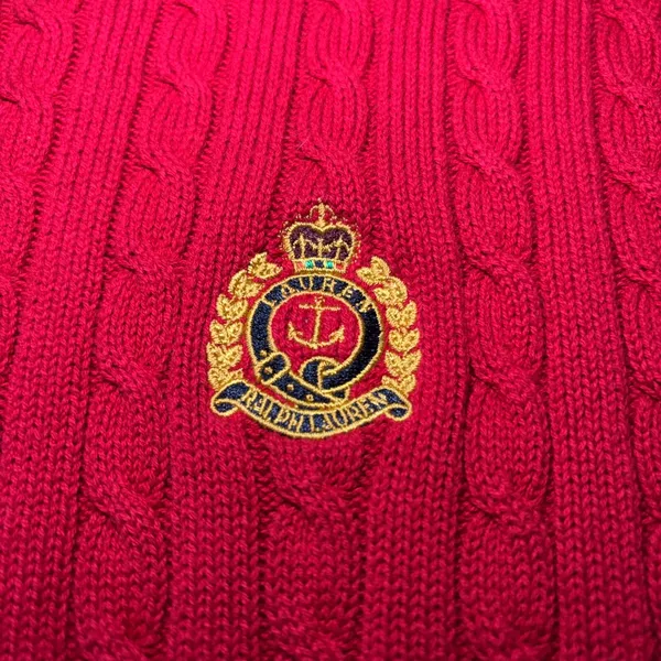 VTG Lauren Ralph Lauren Red Cable Knit Mock Neck Crest Sweater Womens XL Preppy - Image 7
