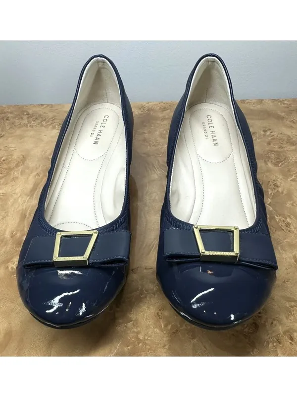 Cole Haan Emory Navy Leather Patent Cap Toe Bow Wedge Pumps Shoes 8.5B - Image 2