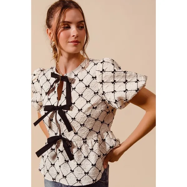 SO ME Bow Texture Woven Peplum Top With Contrast Tie - Ivory - Small - Image 9