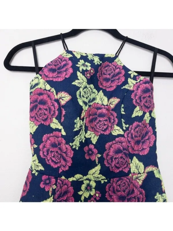 NWT NBD Embroidered Floral Mini Dress S Navy Blue Pink Green Lace Up Bodycon - Image 2