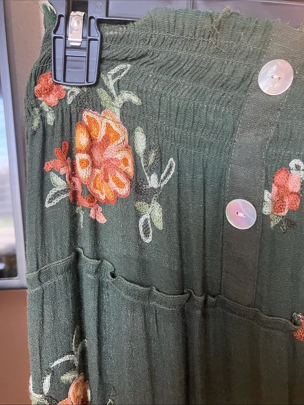 Olive Green embroidered Floral Tiered Maxi distressed waist smocked Skirt - Image 4