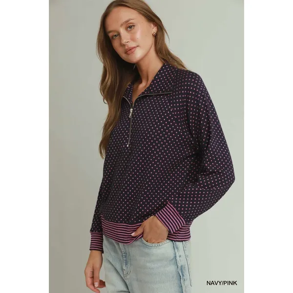 Umgee Polka Dot Half Zip Sweatshirt - Navy/Pink - Medium - Image 2