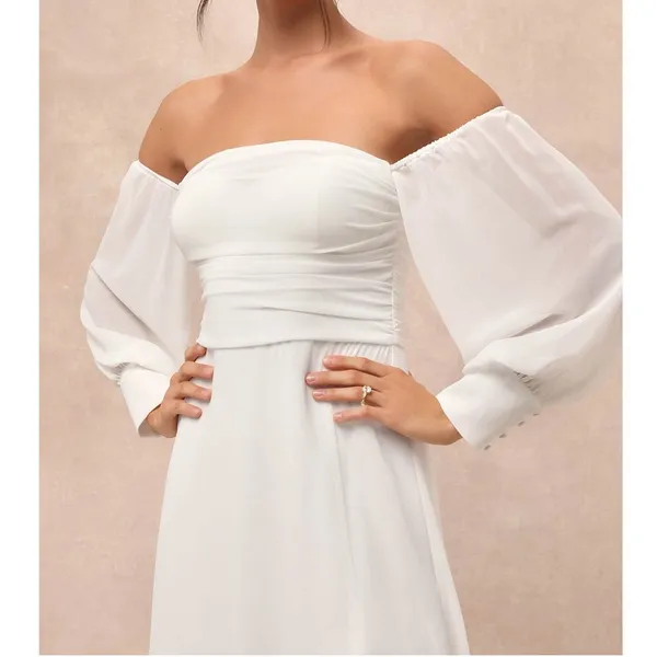 NEW Lulus Adorna White Off-the-Shoulder Semi-Sheer Button Chiffon Maxi Dress XL - Image 3