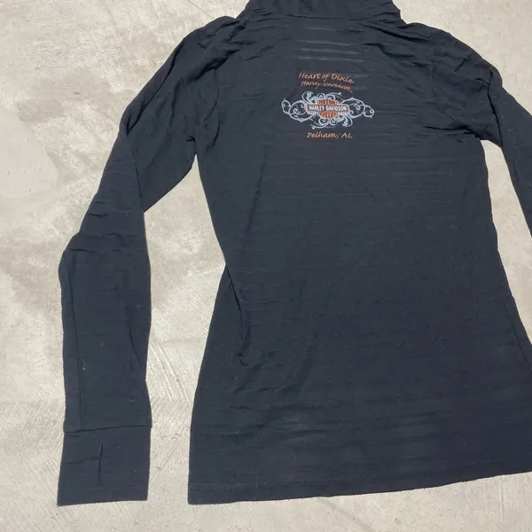Harley Davidson Black Long Sleeve Top w/ Hoodie Pelham AL SZ L Motorcycle - Image 12