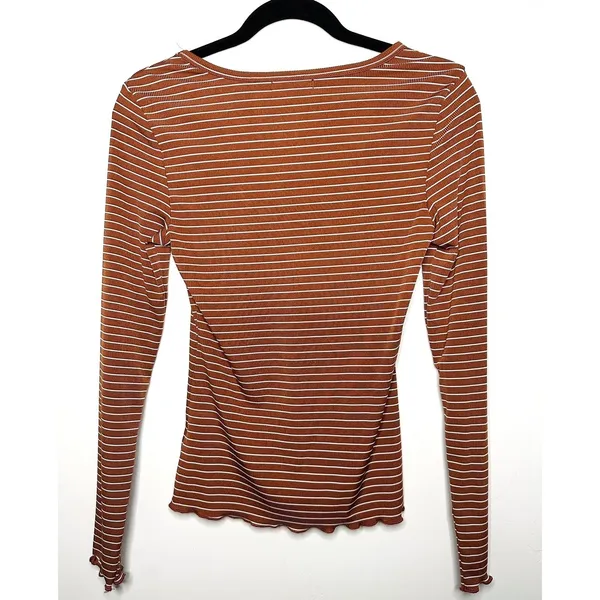 Mikarose Women's XS Rust Striped Ribbed Long Sleeve Top‎ Minimalist Earth Tones - Image 2
