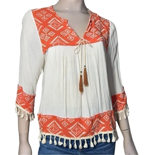 Misa Los Angeles Women’s Size M Cream Saffron Print Marcella Tassel Blouse Top - Image 3