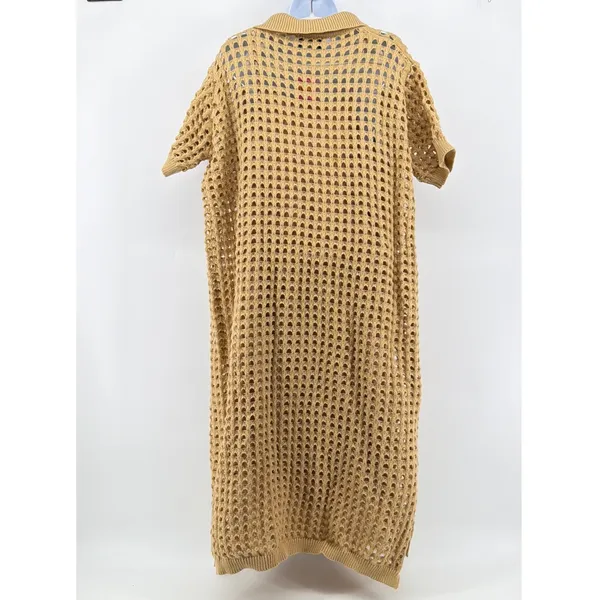 NWT Dressed In Lala Open Knit Polo Midi Dress Large Taupe Tan Crochet Cover Up - Image 6