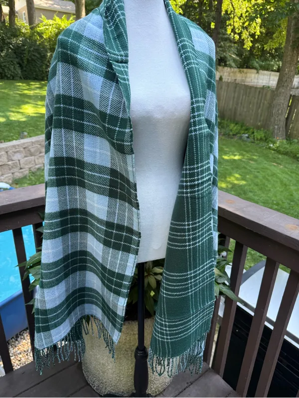 J.CREW Women's Green Gray Plaid Fringe Knit Acrylic Wrap Scarf - Image 4