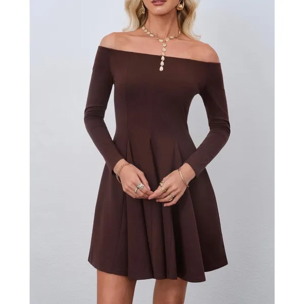 NEW Brown Off The Shoulder Long Sleeve A Line Pleated Mini Dress S - Image 2