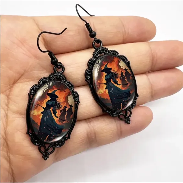 Vintage Style Witch-Themed‎ Black Lace Drop Earrings with Glass Accents - Image 5