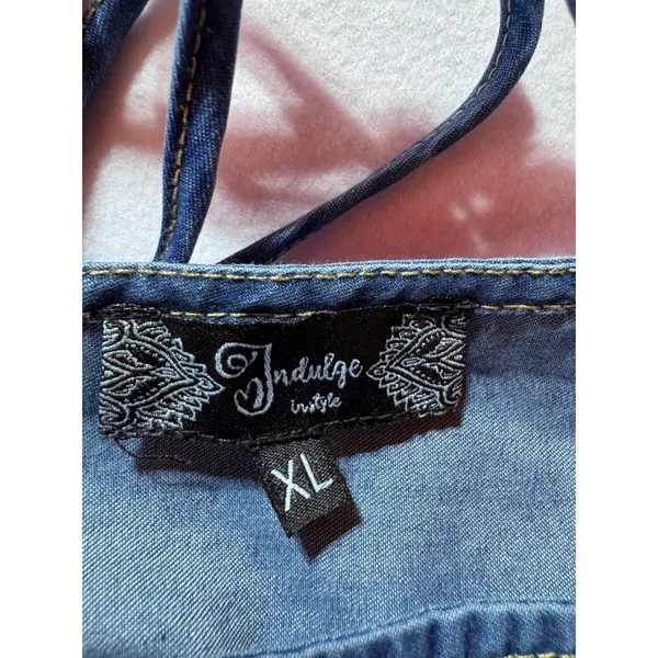 Indulge In Style Denim Jumpsuit XL Blue Wide Leg Halter V-Neck Smocked Waist - Image 4