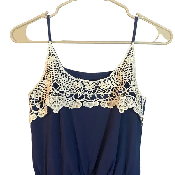 Navy Blue & Lace Embroidered Applique Sleeveless Fit & Flare Dress Women Sz S - Image 9