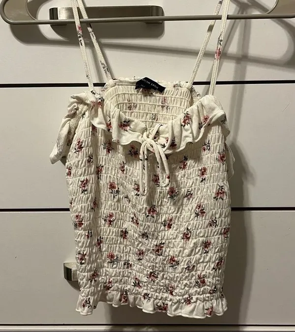 American Eagle White Floral Smocked Tank Top - Image 2
