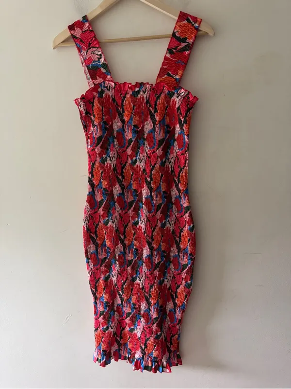 SNDYS Revolve Red Floral Smocked Midi Dress Bodycon Square Neck Ruffle - Image 2