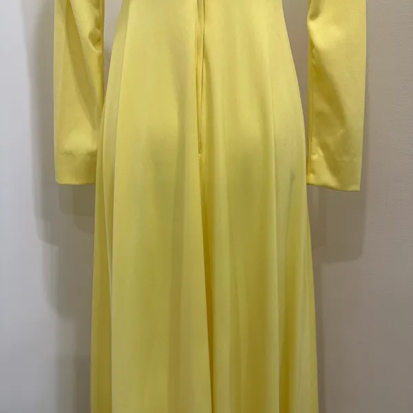 Vintage 1970s Victorian Edwardian Revival Yellow Lace Neck Maxi Dress Costume XS - Image 11