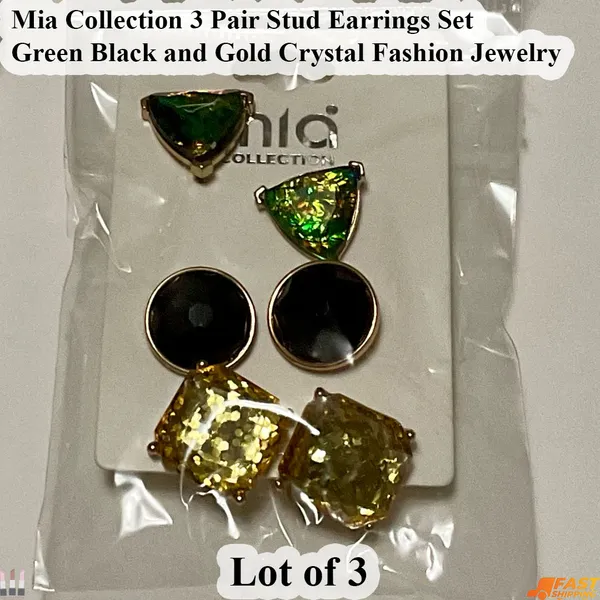 Gold MIA 3-Pair Stud Earring Set - Green, Black, - Image 2