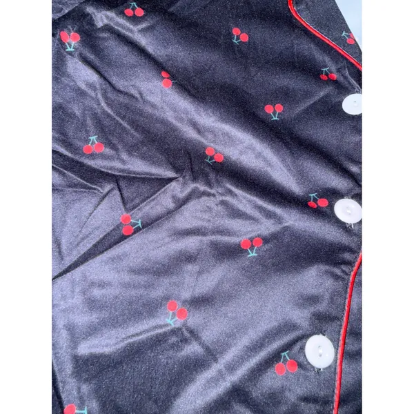 NIB- Black Cherry Print Satin Pajama Set Short Sleeve Button Down & Shorts Small - Image 3