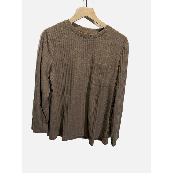 Unbranded Ribbed Knit Top Women XL Brown Long‎ Sleeve Pocket Casual Minimalist - Image 3