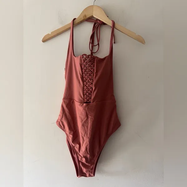 Aerie Macrame Boho‎ Scoop Neck Halter One Piece Swimsuit Bathing Suit - Image 3