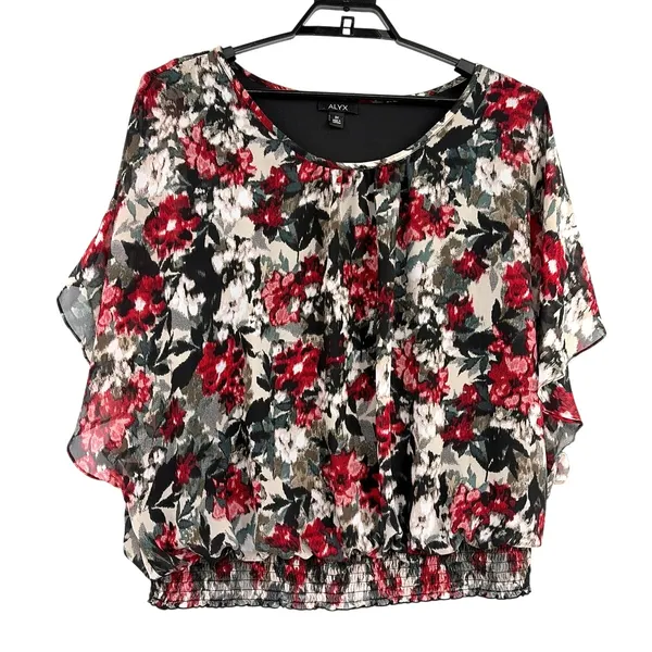 Alyx Floral Chiffon Top Sz 3XL Whimsigoth Smocked Dolman Sleeve Dark Romantic - Image 2