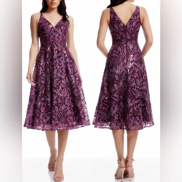New Dress the Population Elisa Floral Sequin Fit & Flare Plum Purple Dress M - Image 3