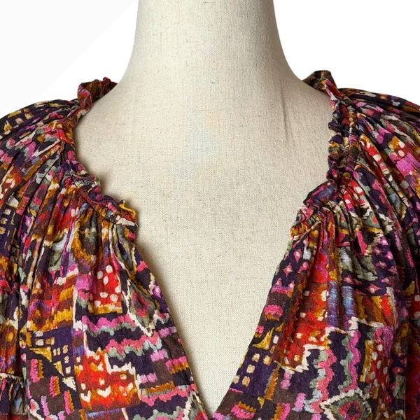 XIRENA Lucia Popover Blouse Womens Small Kaleidoscope‎ Puff Sleeve Boho Cottage - Image 4