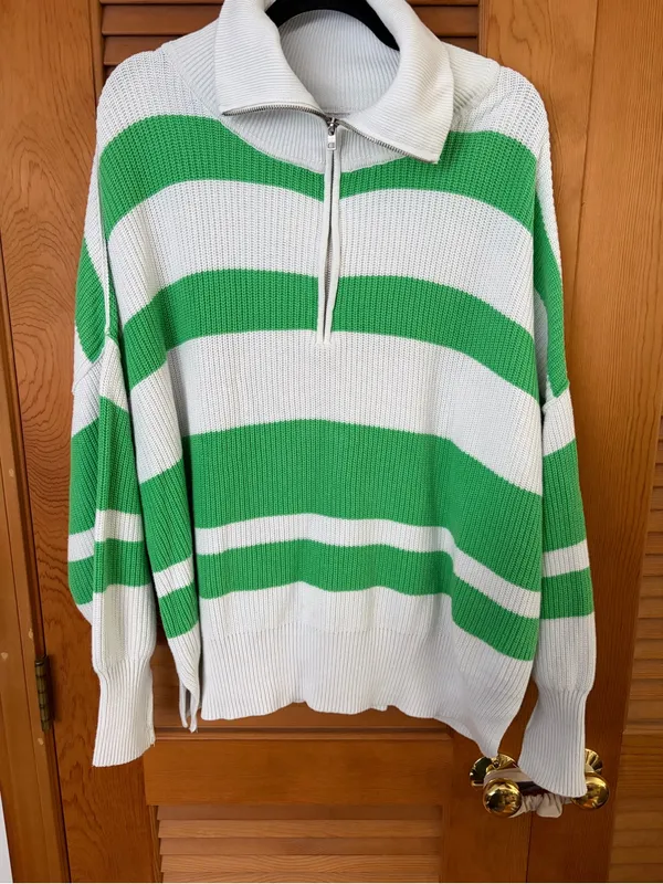Aerie oversized cropped 1/4 zip Striped Sweater white and green size Med - Image 2