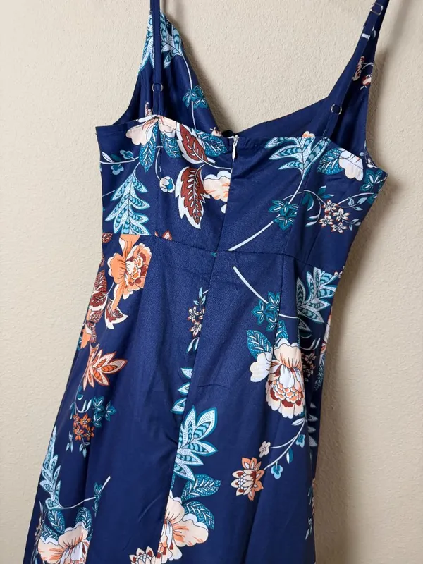 Drape Neck Floral Tank Dress with Side Slit Size Small Navy - Image 6