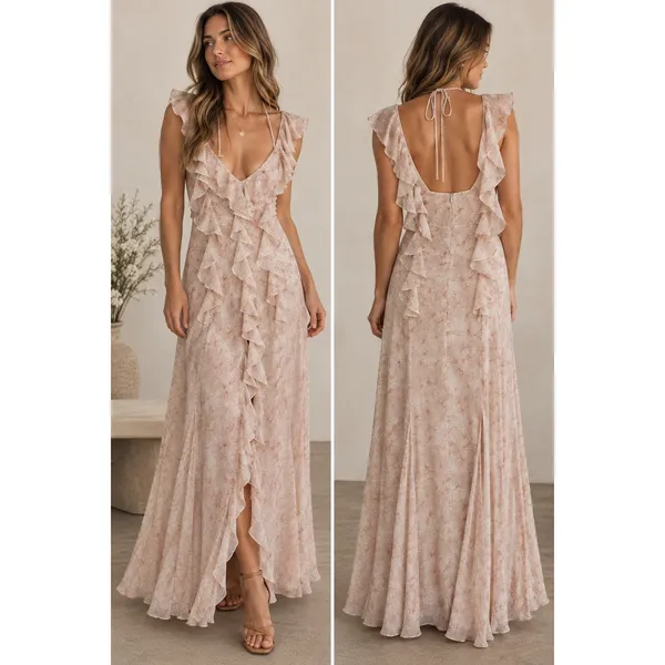 Storia Womens Floral Ruffle Maxi Dress Red Cream Sleeveless Sz L Dainty Feminine - Image 2