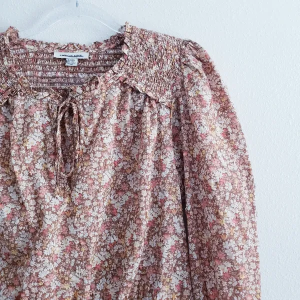 American Eagle Ditsy Floral Smocked Long Sleeve Peasant Blouse - Image 3
