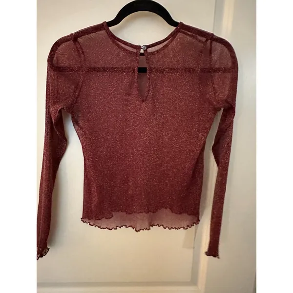 Shein Burgundy Sheer Ruffle Edge Long Sleeve Sparkly Layer - Image 2