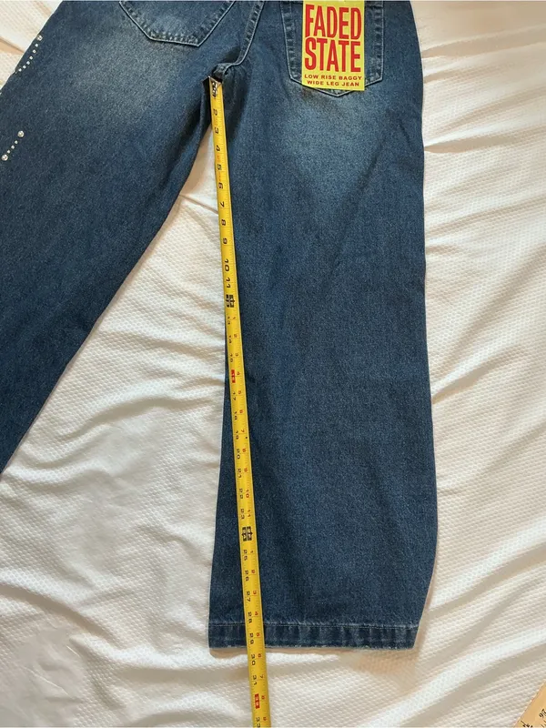 Dark Blue Wide-Leg Jeans with Studded Swirl Detail - Image 8