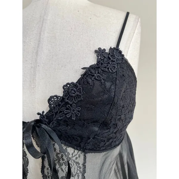 Source Unknown Black Sheer Lace Babydoll Lingerie Vintage Y2K Tie Front Size‎ M - Image 4