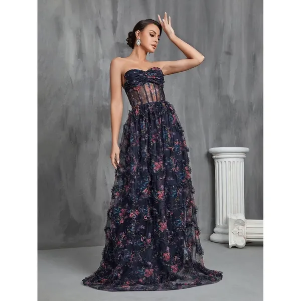 Dressalisa Maxi Gown Womens S Navy Gently Used Floral‎ Corset Tiered Ruffle Mesh - Image 9