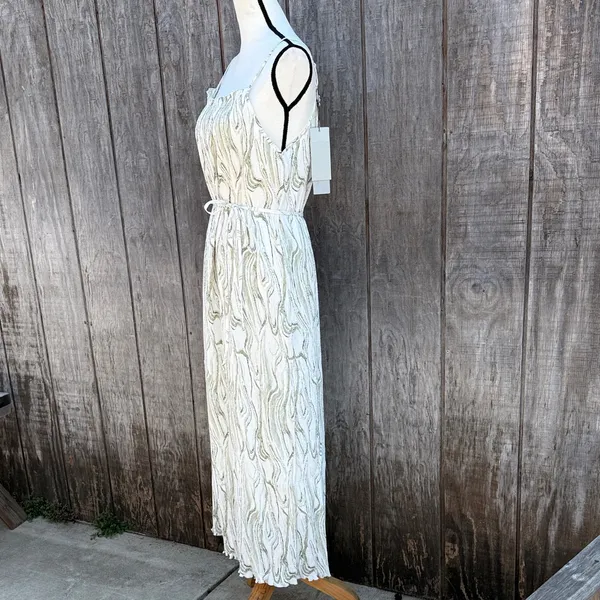 S Deer Shabby Chic Spaghetti Strap Cream & Green Print Elegant Maxi Dress Size L - Image 6