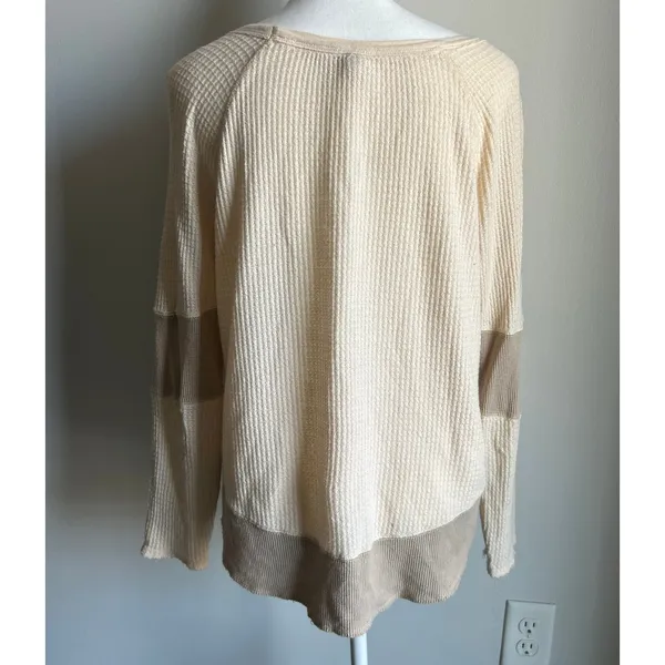 FP One Cream and Brown Boho Colorblock Thermal Ribbed Blouse Size M - Image 4