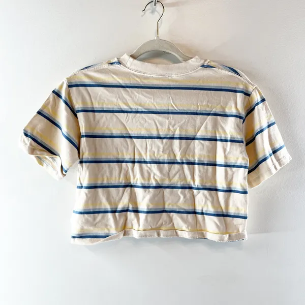 Sezane Short Sleeve Striped Cropped Boxy Tee Shirt Cream Blue XS - Image 4