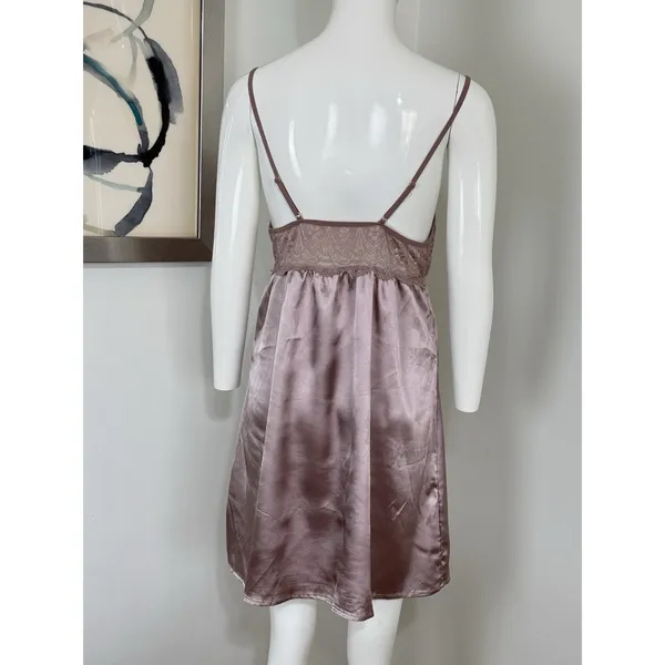 Women's Satin Chemise Nightgown Lace Lattice Strappy Slip Dress Mauve Size M - Image 3