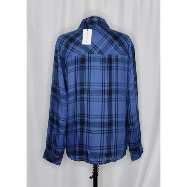 NWT!! WEWOREWHAT Boyfriend Shirt Plaid Navy Blue Collared Oversized Small Medium - Image 7