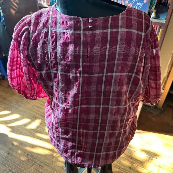 Madewell pink plaid semi sheer lined L puff sleeve blouse - Image 2