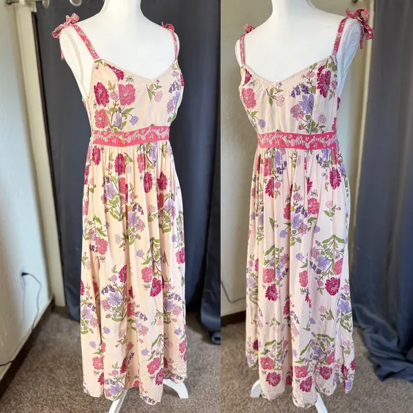 Patrons of Peace Floral Tie Strap Midi Dress Boho Cottagecore Smocked Medium - Image 11