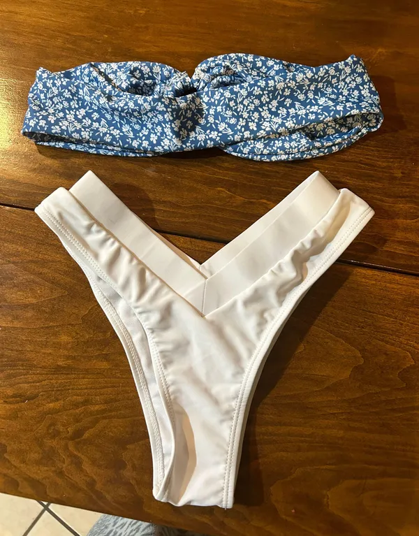 SheIn Blue Flowered Strapless Bikini Top With White Bottoms - Image 2